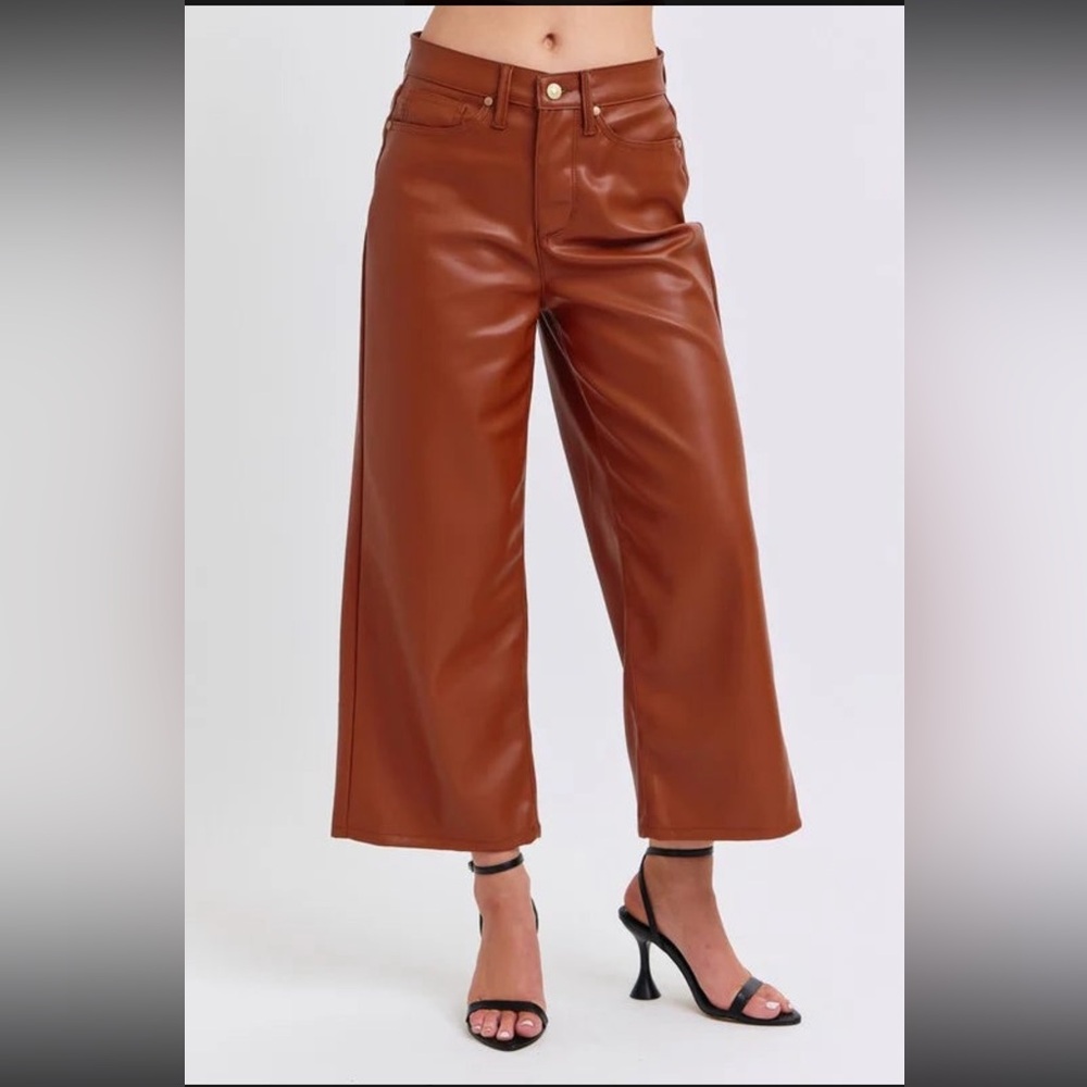 Judy Blue Tummy Control Faux Leather Crop Wide Leg (Camel)